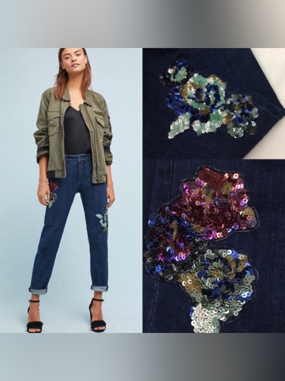 Pilcro Anthropologie Slim Boyfriend Dark Blue Jeans w/ Sequin Floral Patches